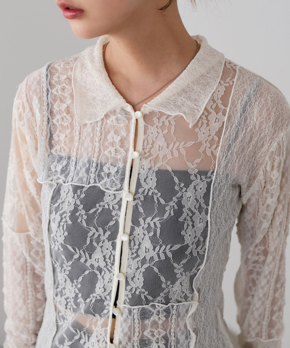 襟付きレースパッチワークシャツ