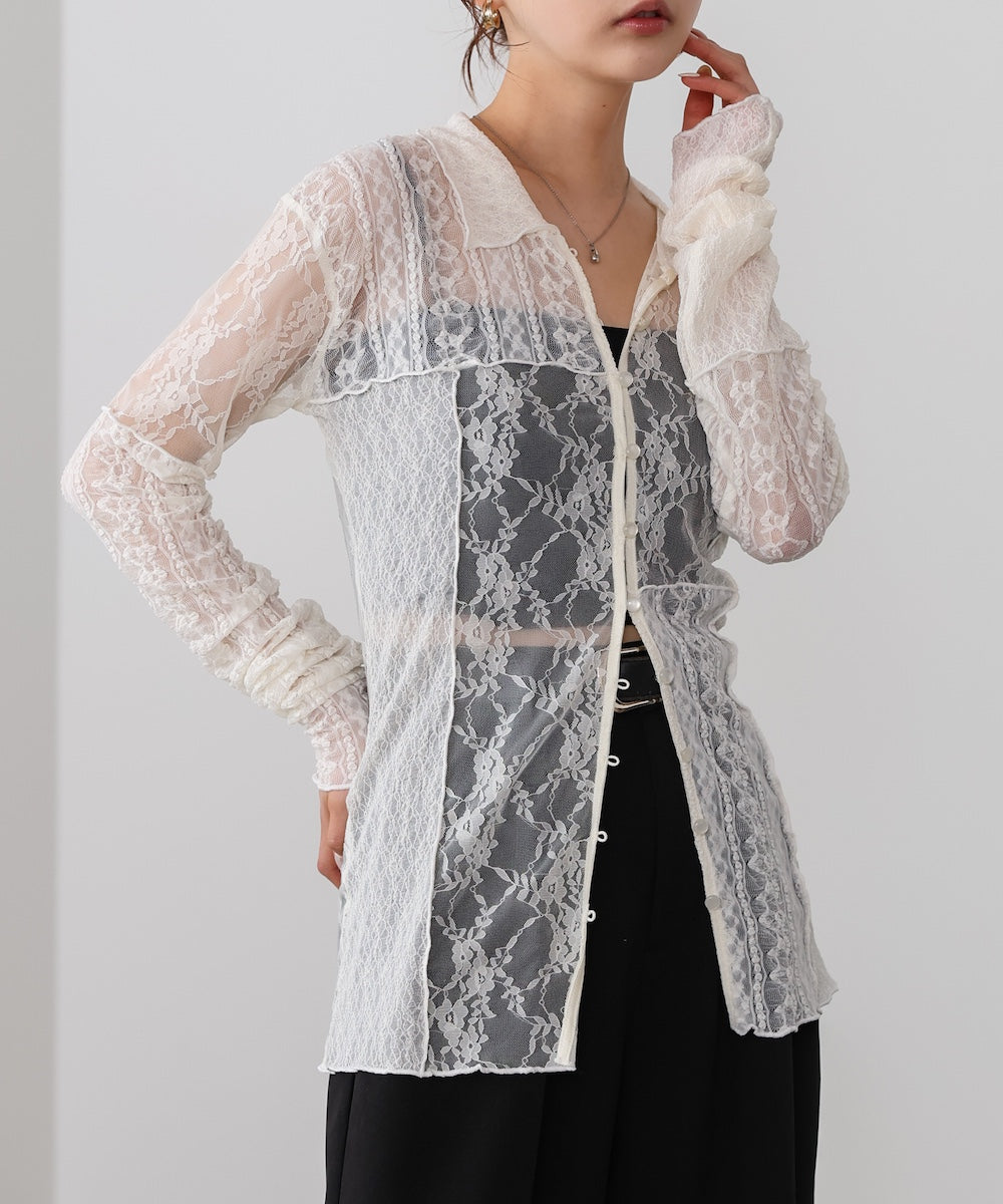 襟付きレースパッチワークシャツ