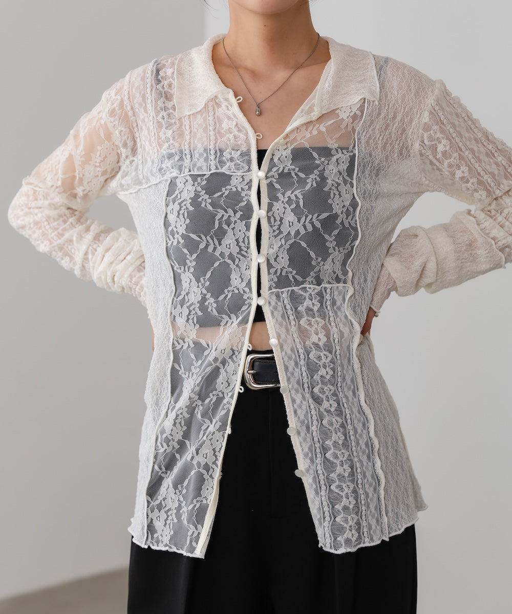 襟付きレースパッチワークシャツ
