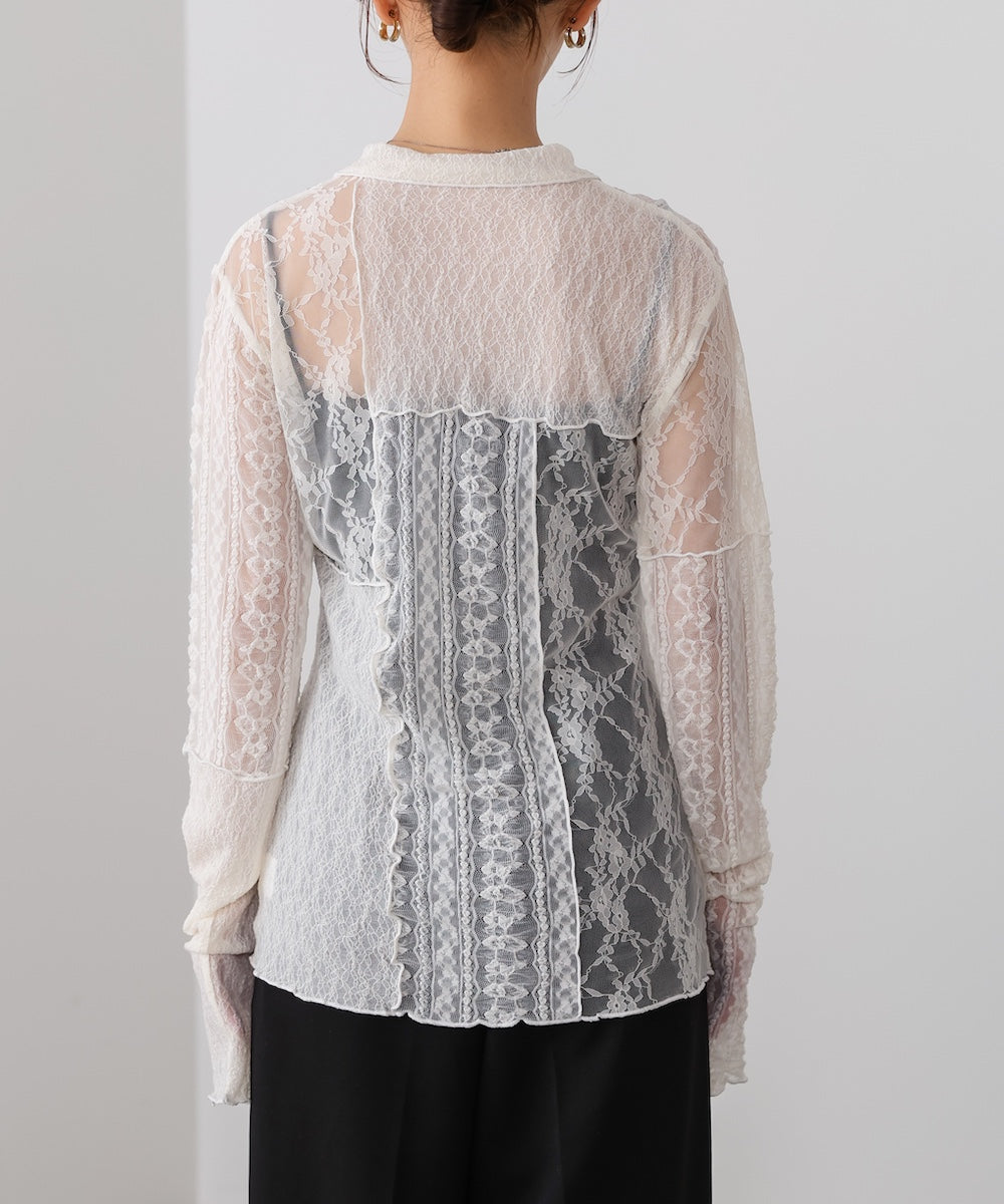 襟付きレースパッチワークシャツ