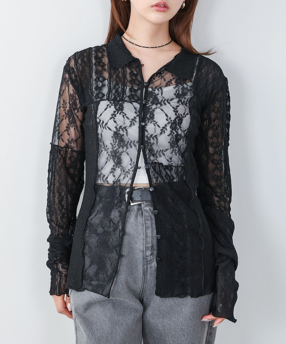 襟付きレースパッチワークシャツ