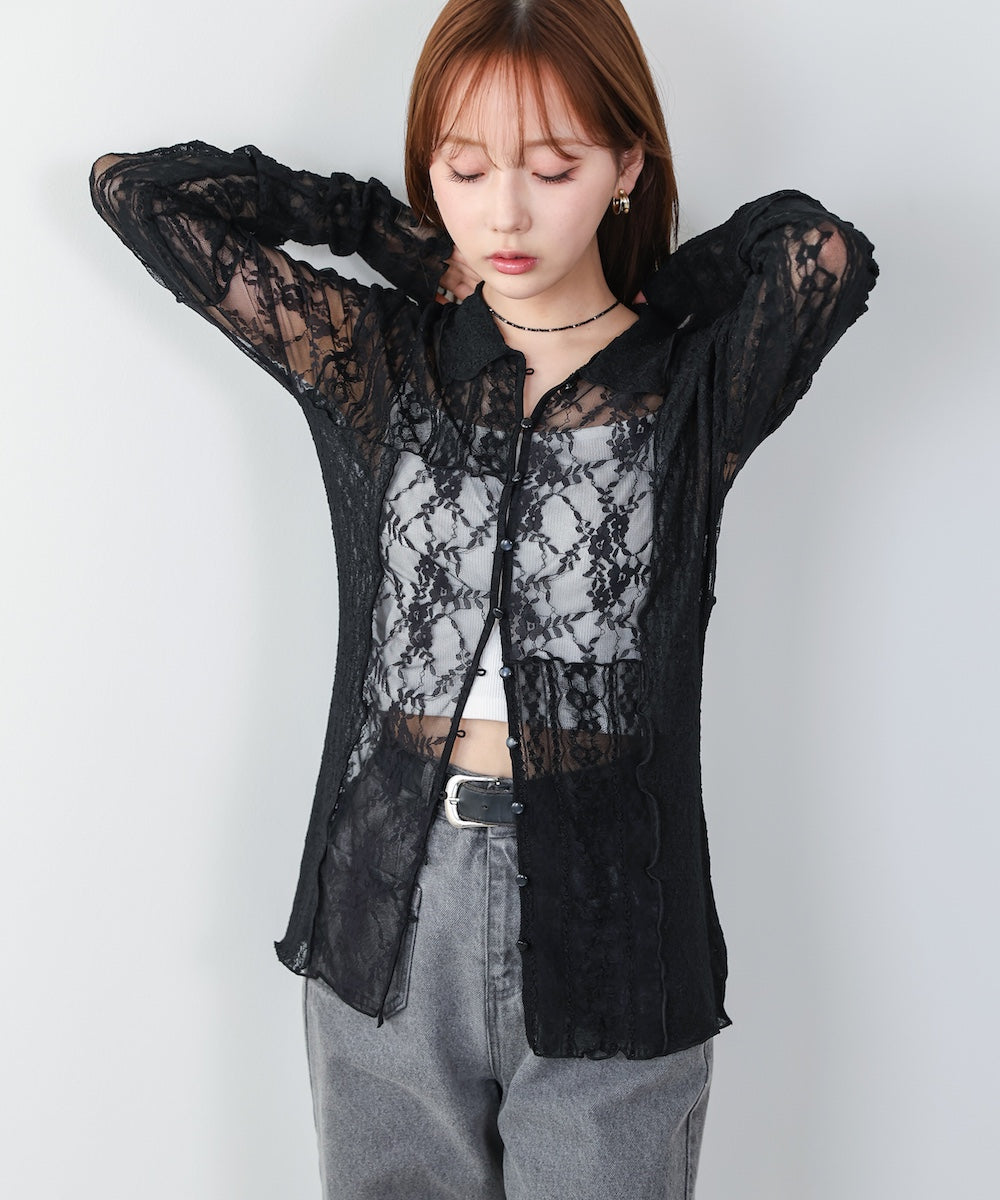 襟付きレースパッチワークシャツ