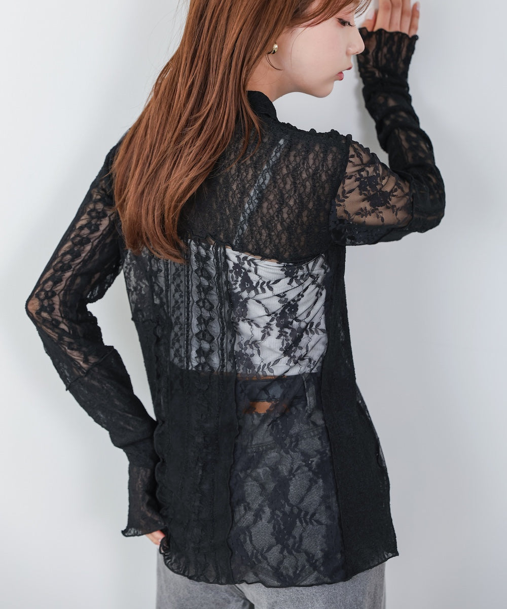 襟付きレースパッチワークシャツ