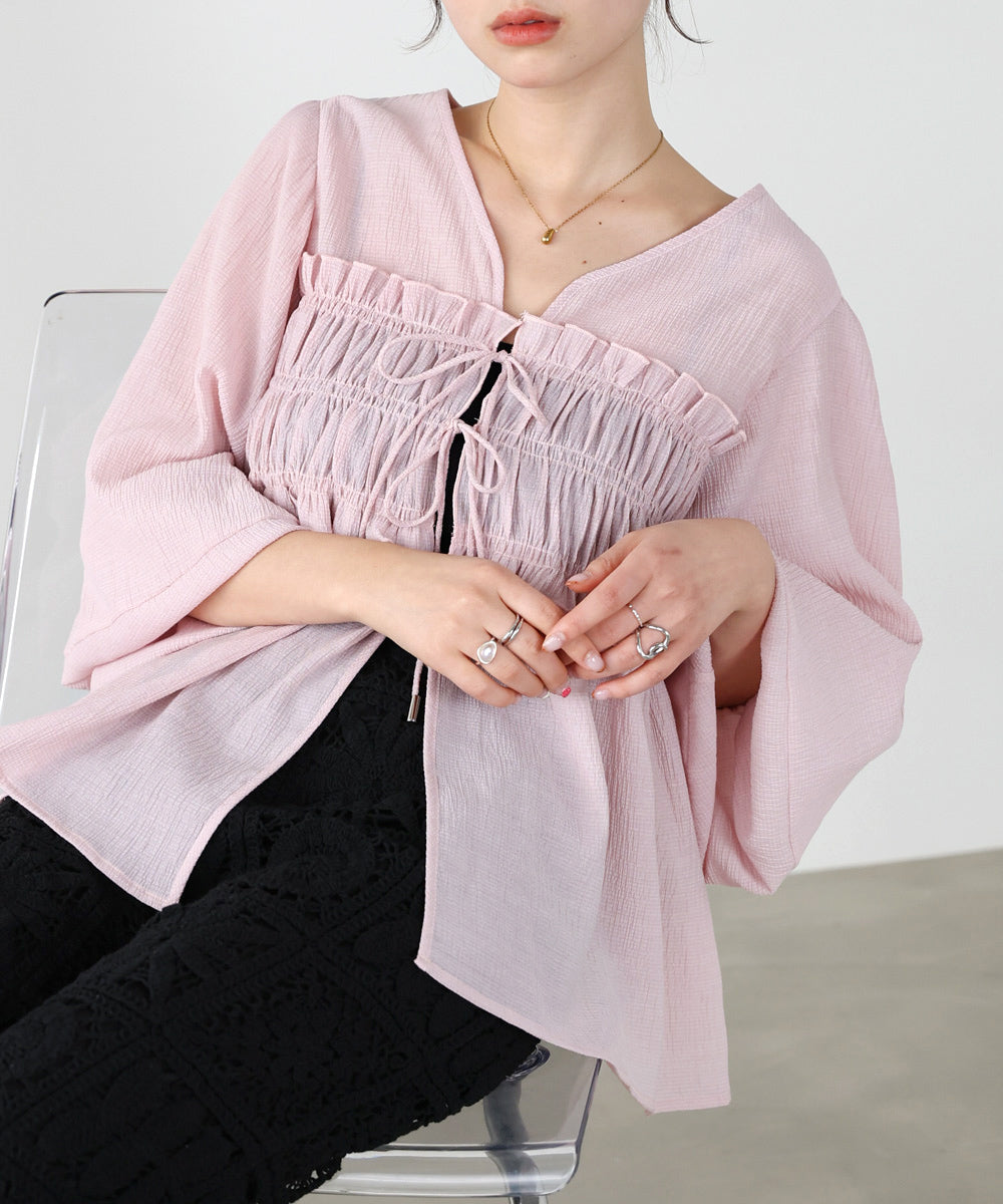 極美品 yori リボンパフスリーブブラウス ピンク ボリューム袖 洗える 極美品 ヨリ yori ピンク パフスリーブ ギャザーブラウスバックリボン