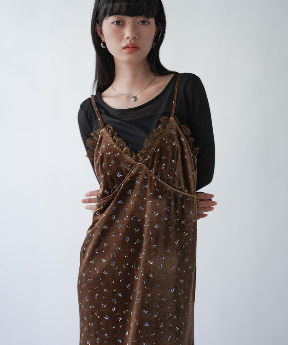小花柄レース付きベロアキャミワンピース