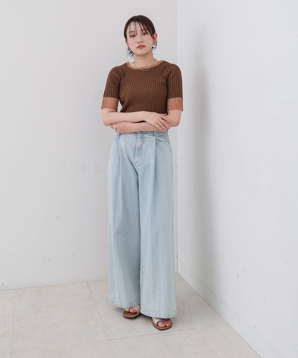 シアー使い5分袖リブニットトップス