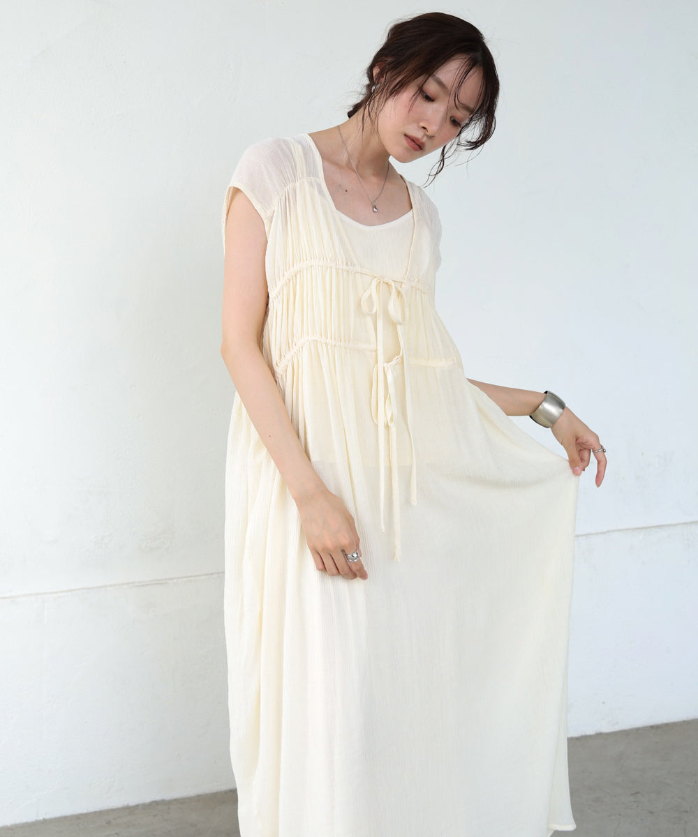 【S・Mサイズ展開】Vネックギャザーリボンワンピース