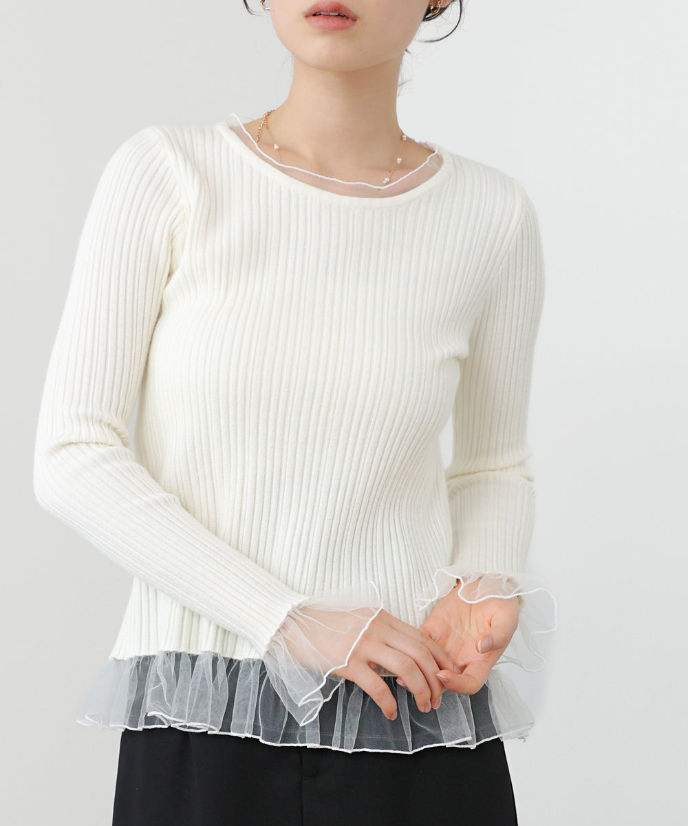 フリル切替リブニットトップス