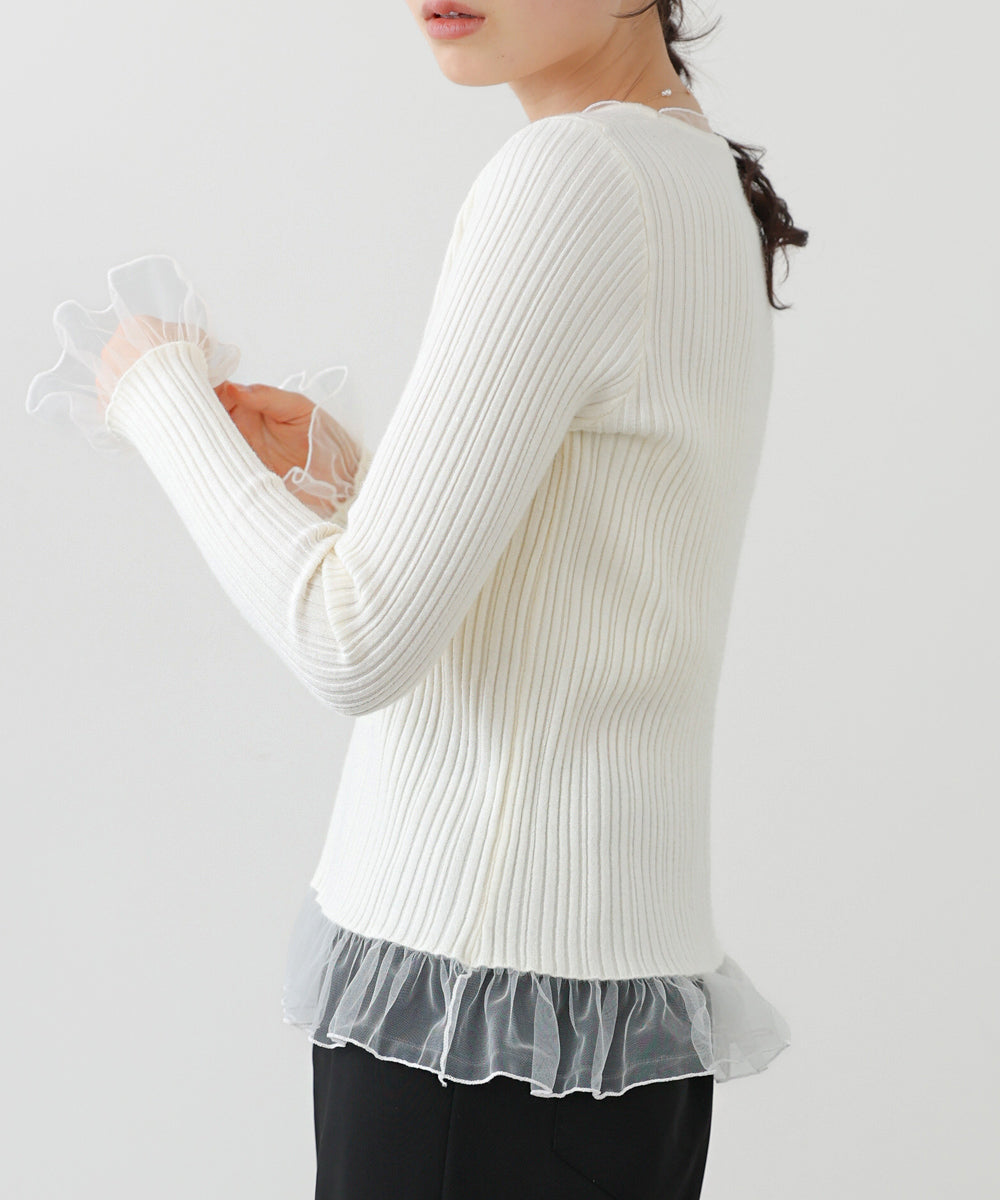 フリル切替リブニットトップス