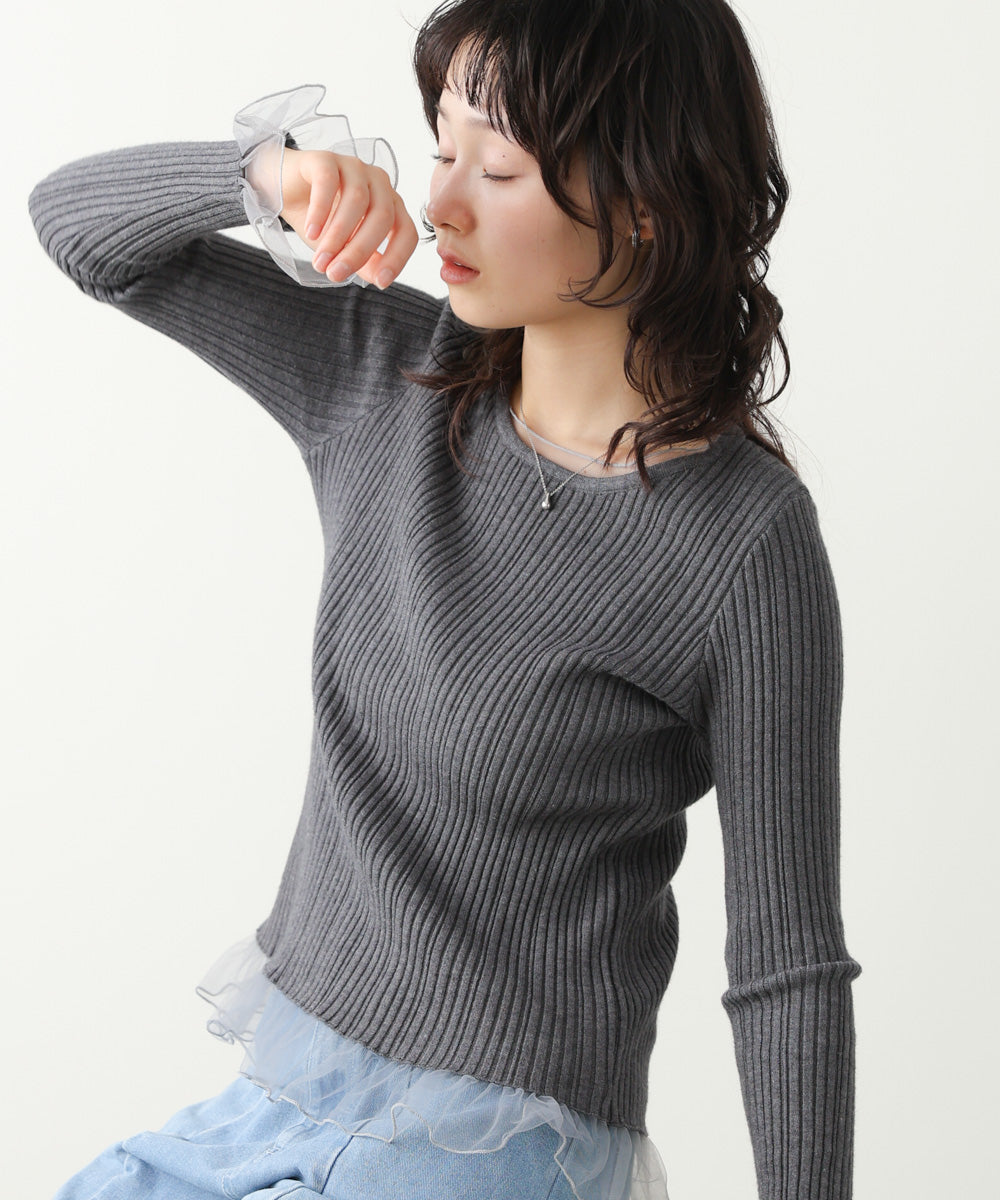 フリル切替リブニットトップス