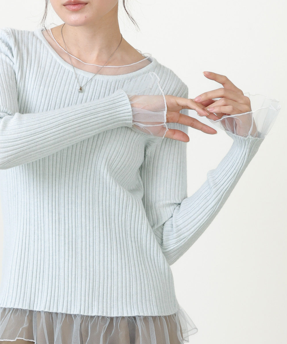 フリル切替リブニットトップス