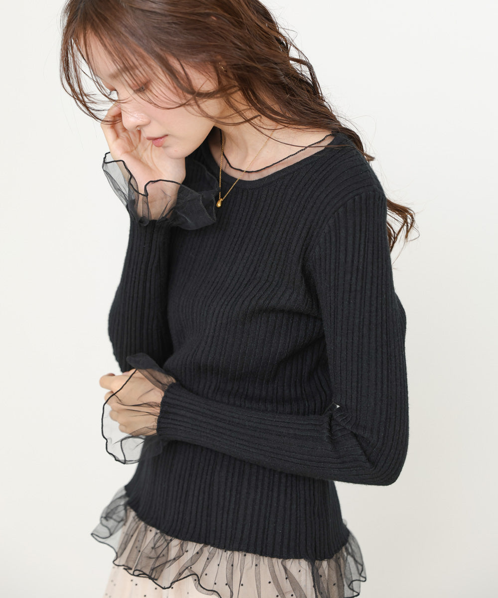 フリル切替リブニットトップス