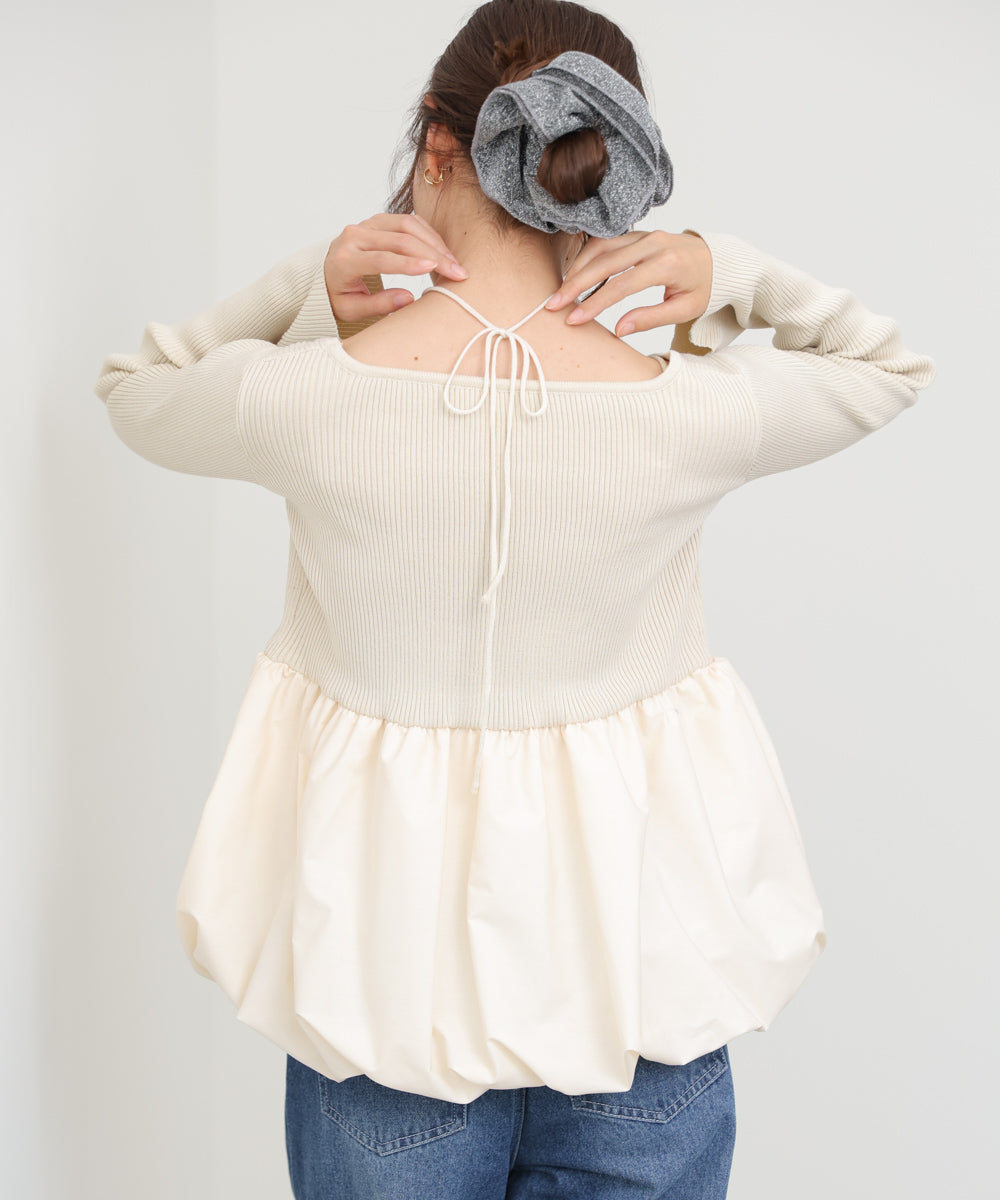 リボンネックペプラムバルーンニットトップス