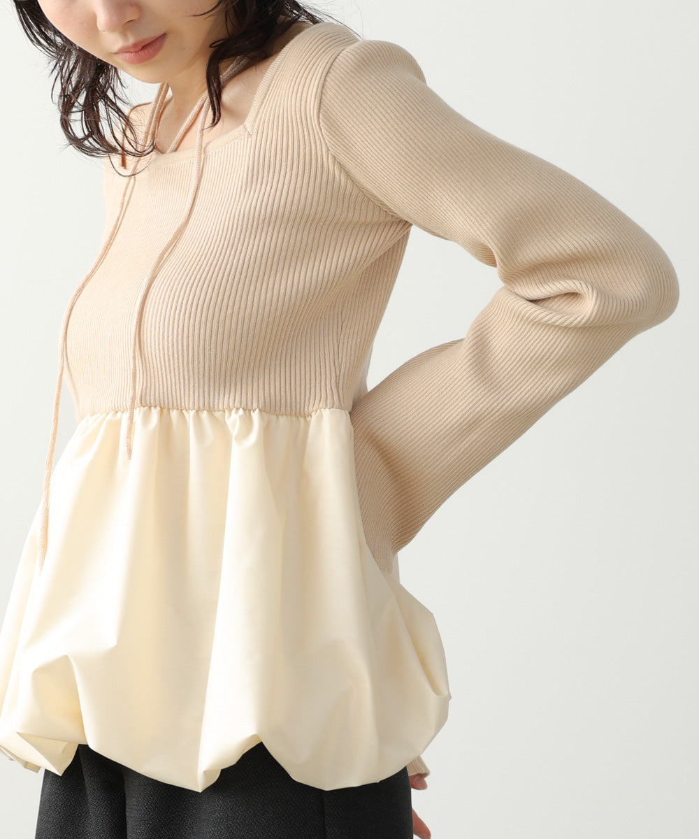 リボンネックペプラムバルーンニットトップス