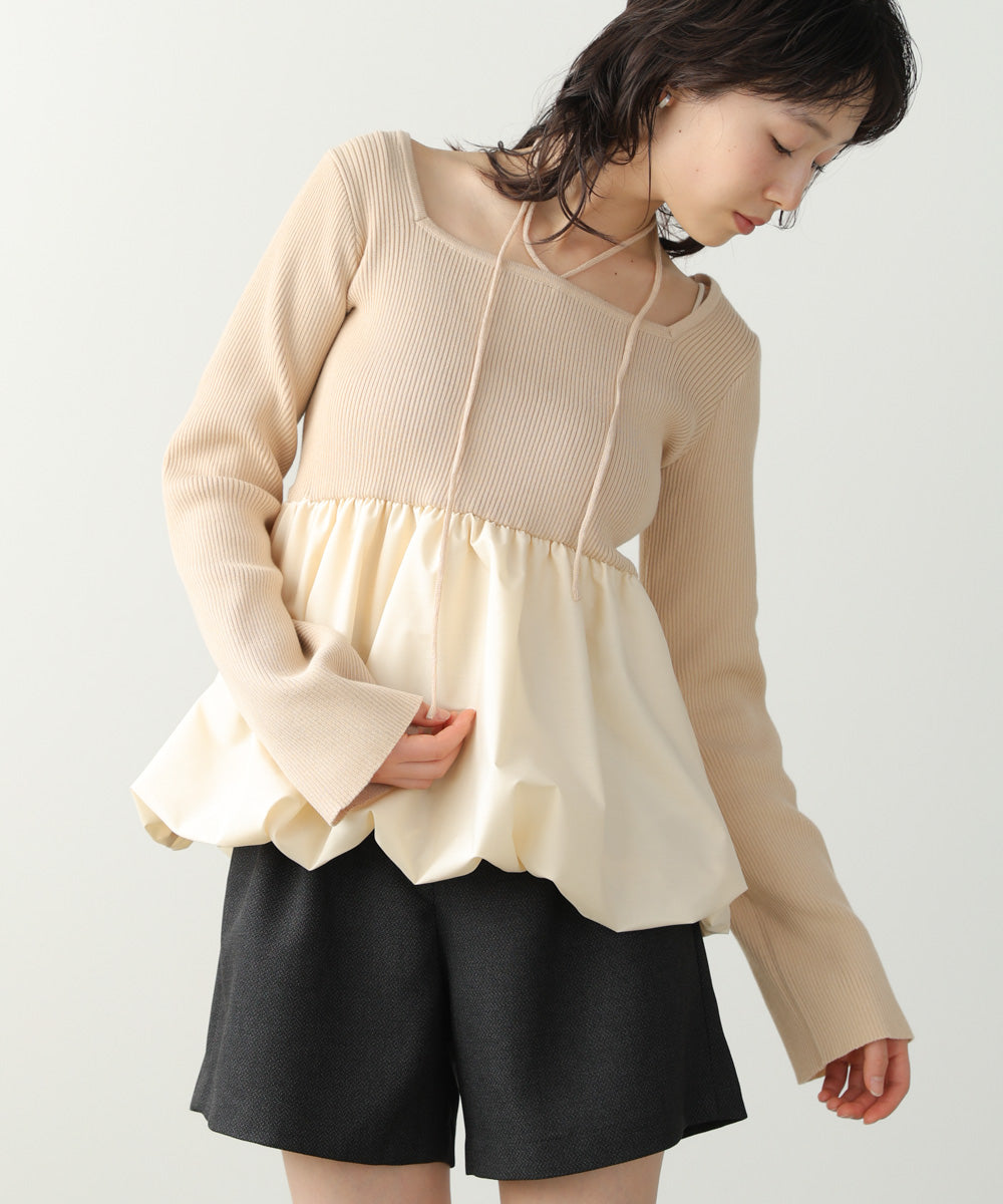 リボンネックペプラムバルーンニットトップス