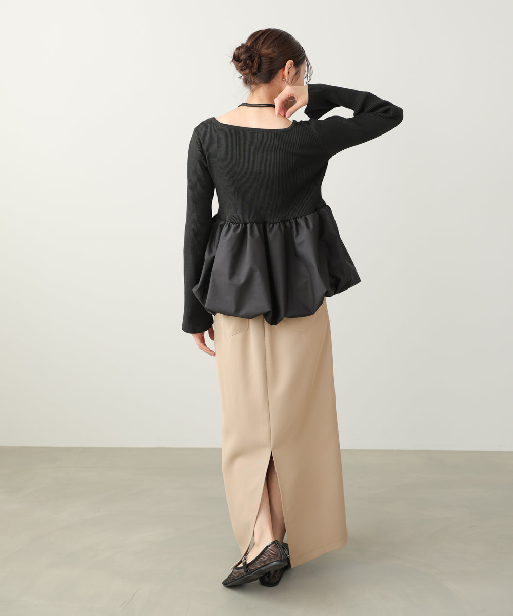 リボンネックペプラムバルーンニットトップス