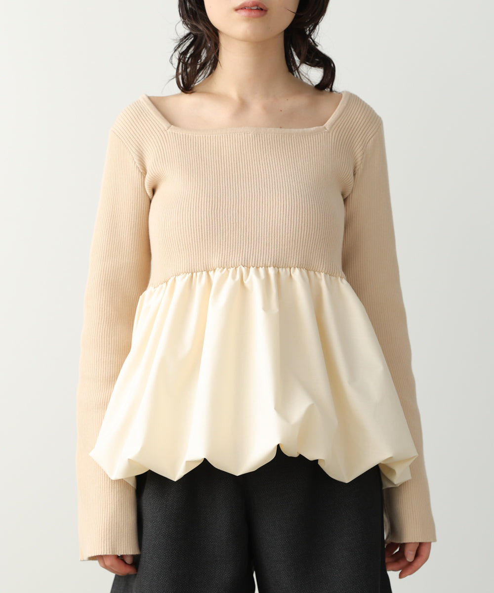 リボンネックペプラムバルーンニットトップス