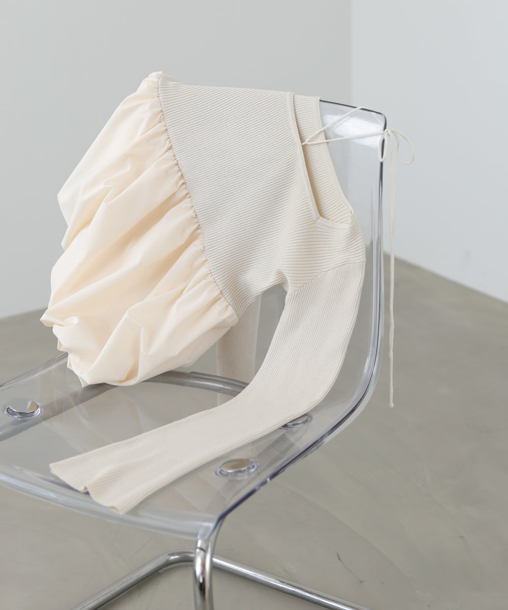 リボンネックペプラムバルーンニットトップス