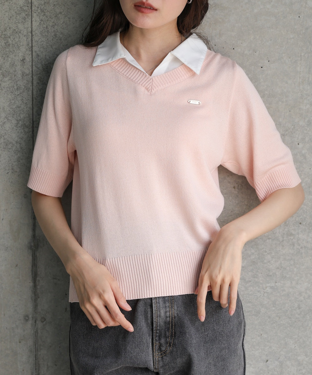 シャツレイヤードライクニットトップス