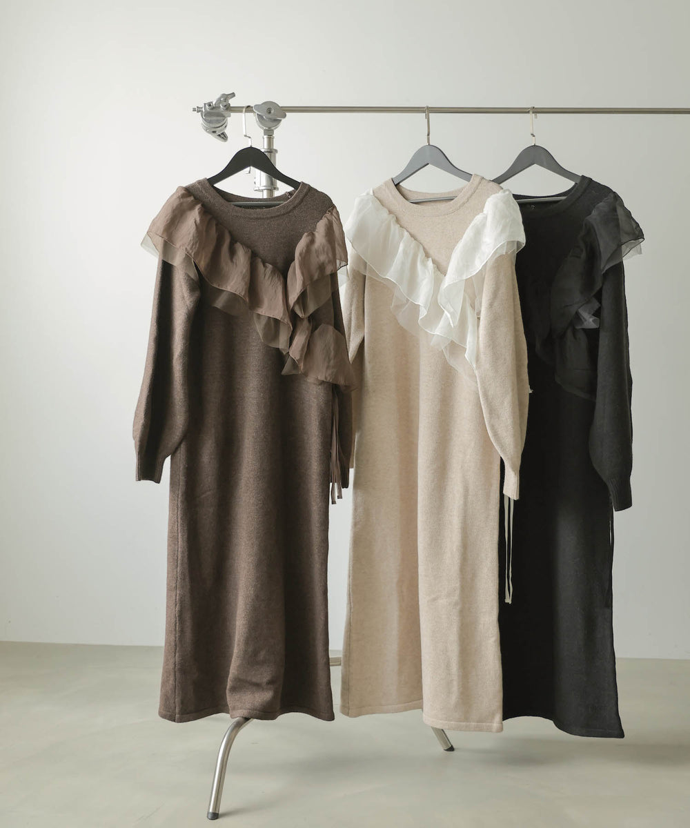 【S・Mサイズ展開】アシンメトリーフリルニットワンピース