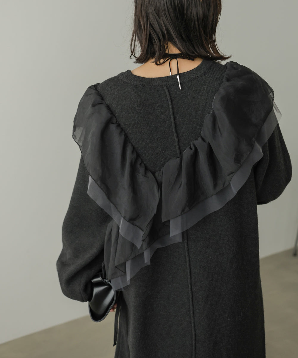 【S・Mサイズ展開】アシンメトリーフリルニットワンピース