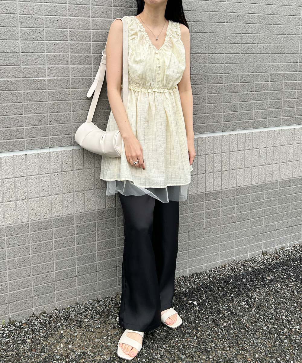 ラメストライプウエストギャザーチュニック