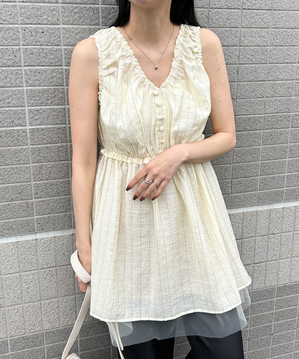 ラメストライプウエストギャザーチュニック