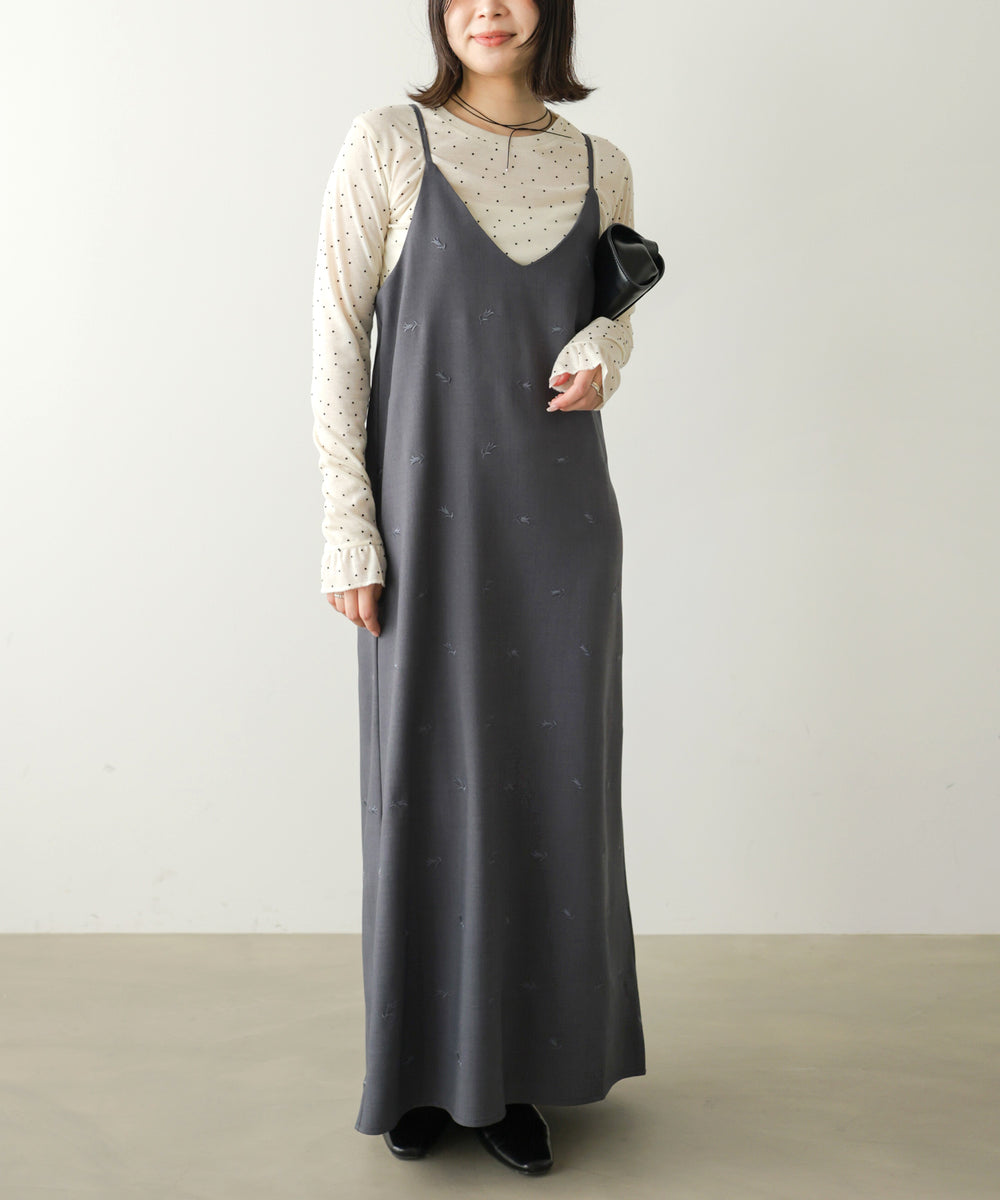 【Dセット】秋のコーデセット【刺繍バックリボンキャミワンピ&シアードットカットソー】