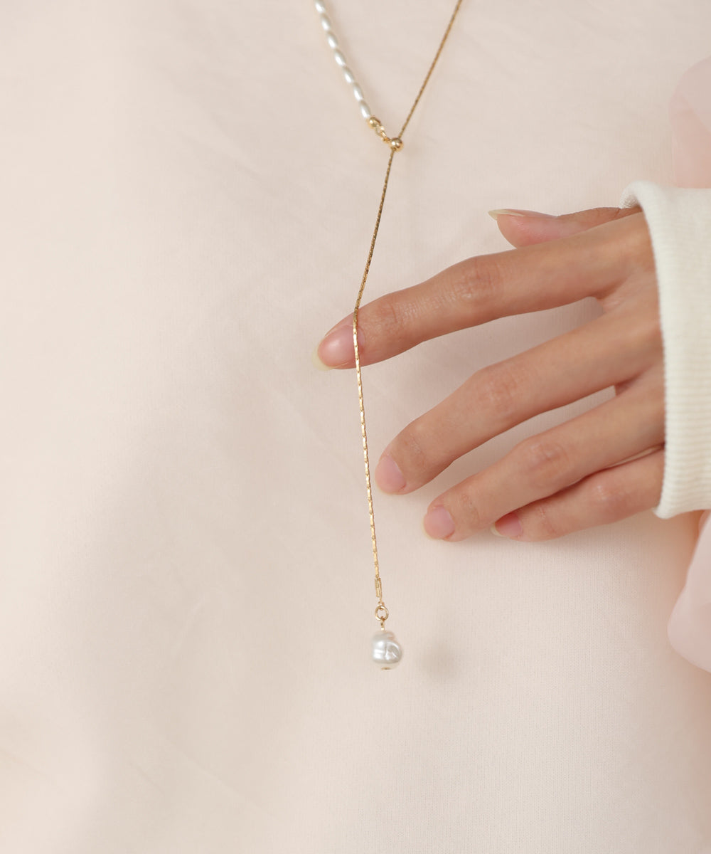 変形パール×ロングチェーンネックレス