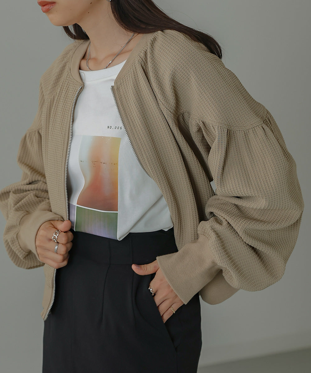 WAFFLE SLEEVE GATHERED CARDIGAN