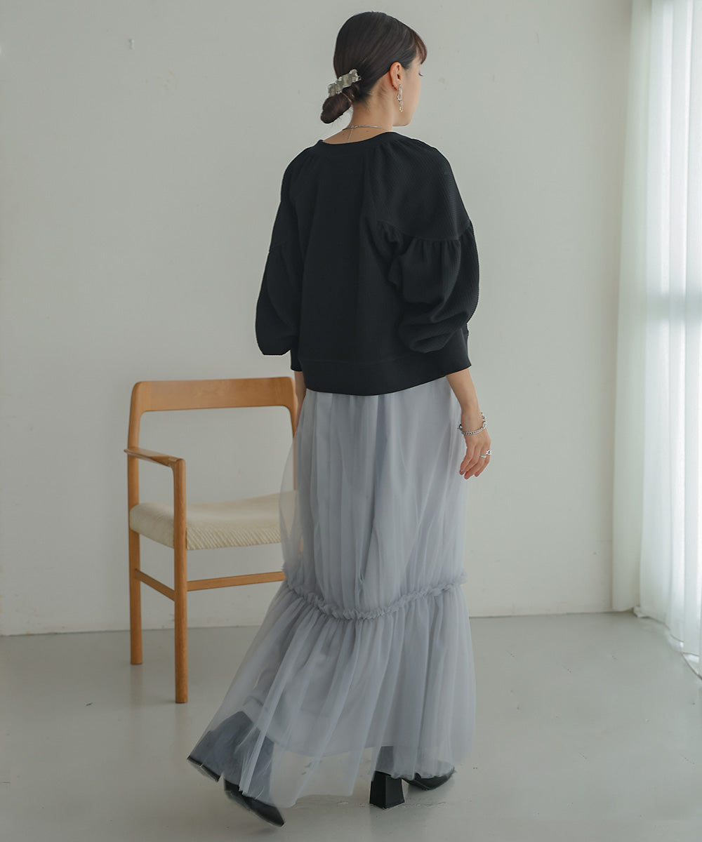 WAFFLE SLEEVE GATHERED CARDIGAN