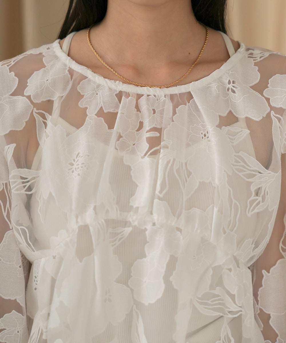 SHEER FLOWER VOLUME SLEEVE BLOUSE