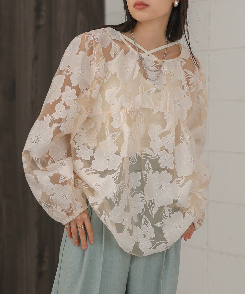 SHEER FLOWER VOLUME SLEEVE BLOUSE
