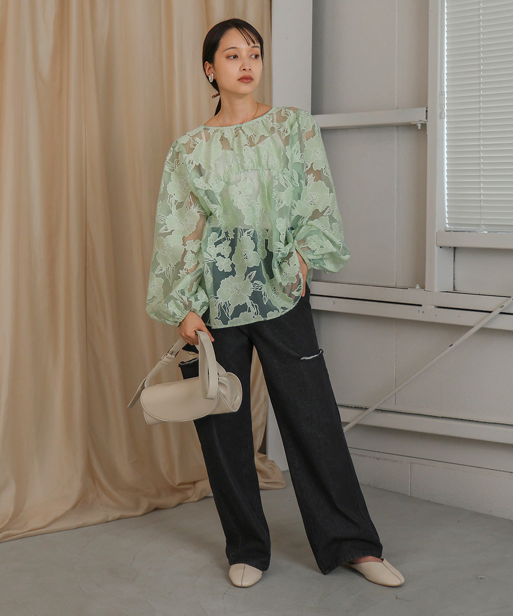 SHEER FLOWER VOLUME SLEEVE BLOUSE