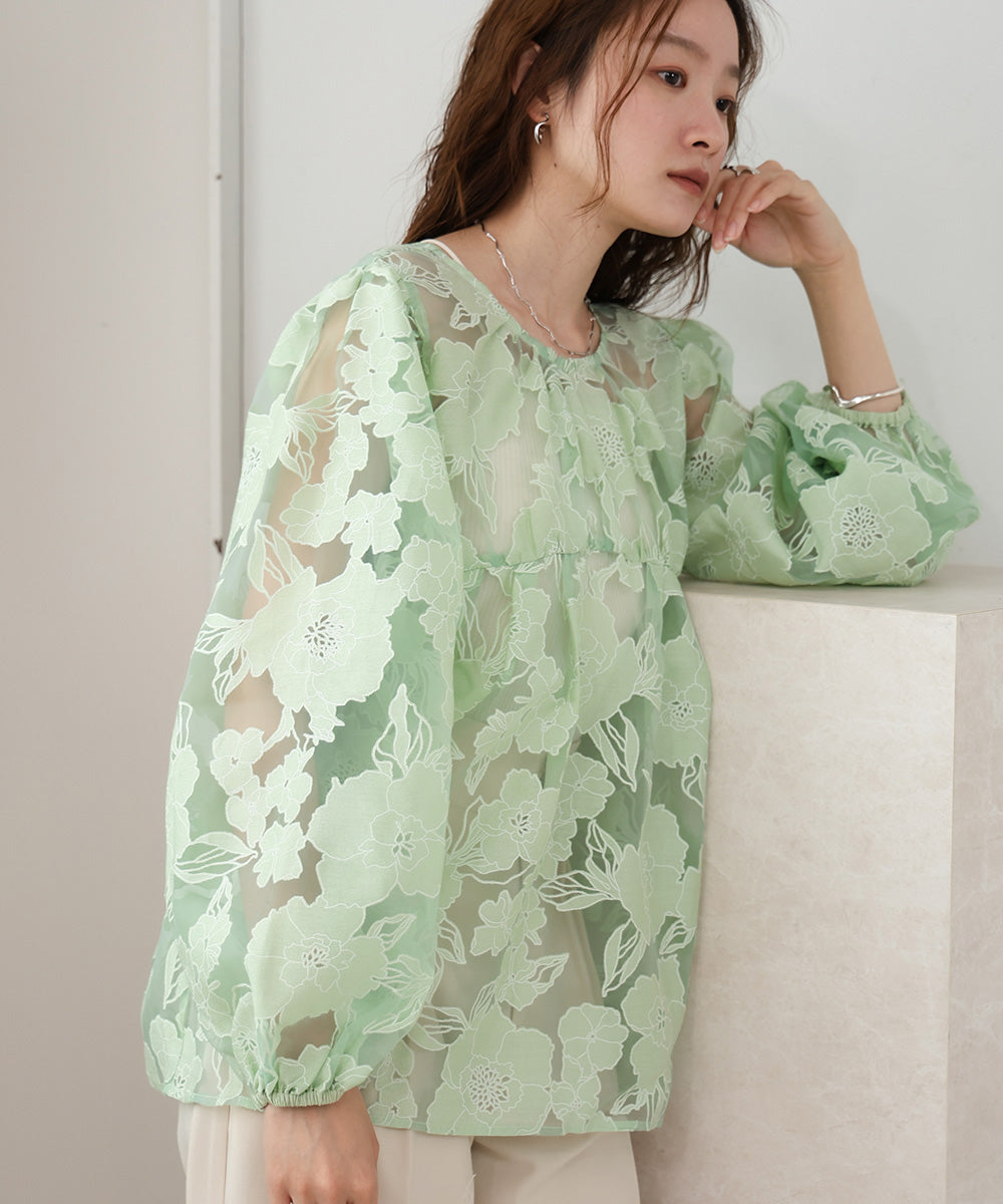 SHEER FLOWER VOLUME SLEEVE BLOUSE