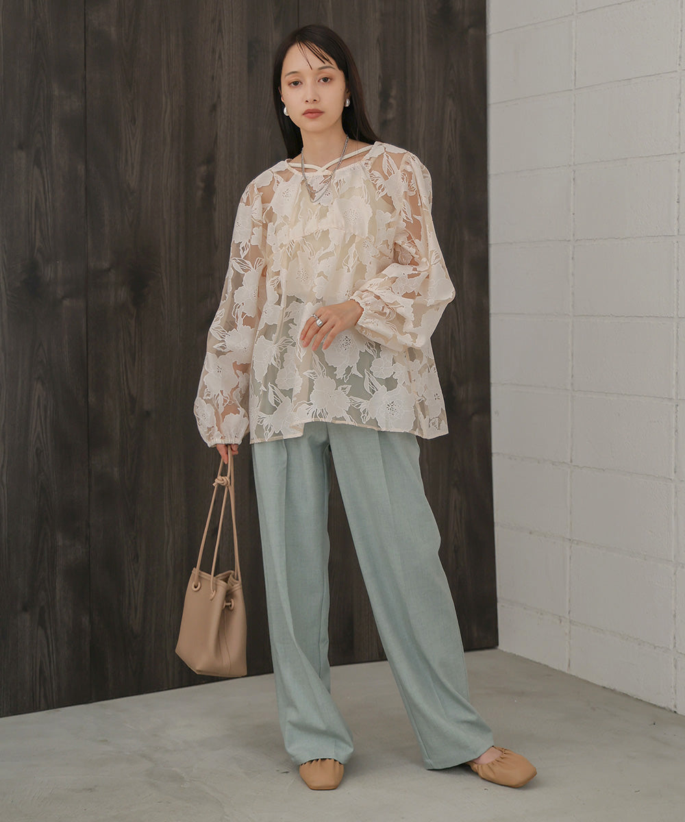 SHEER FLOWER VOLUME SLEEVE BLOUSE
