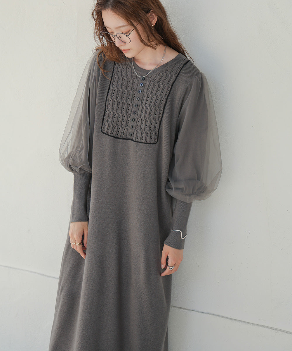 SLEEVE TULLE COLOR SCHEME LINE KNIT ONEPIECE