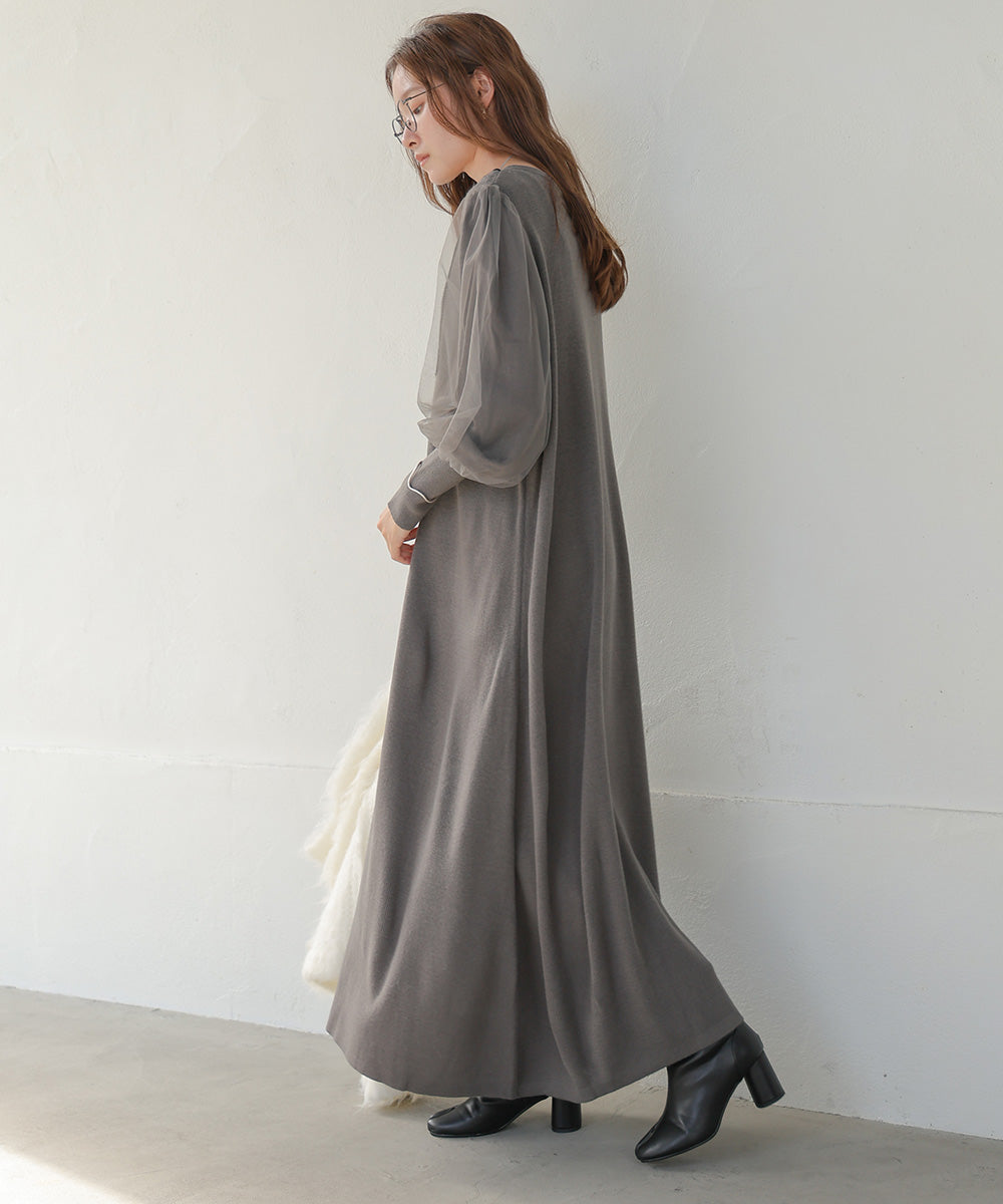 SLEEVE TULLE COLOR SCHEME LINE KNIT ONEPIECE
