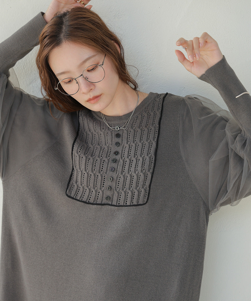SLEEVE TULLE COLOR SCHEME LINE KNIT ONEPIECE
