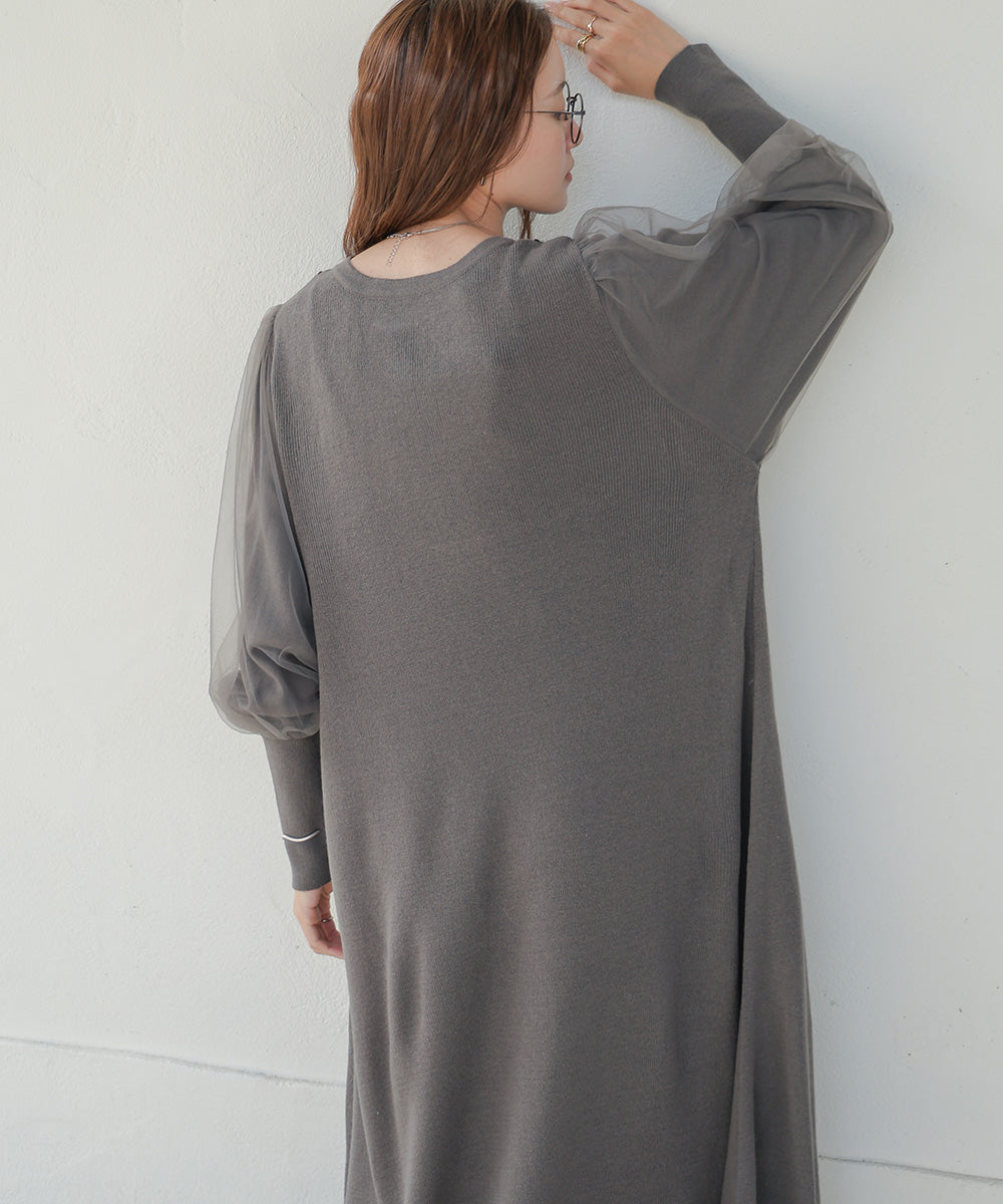 SLEEVE TULLE COLOR SCHEME LINE KNIT ONEPIECE