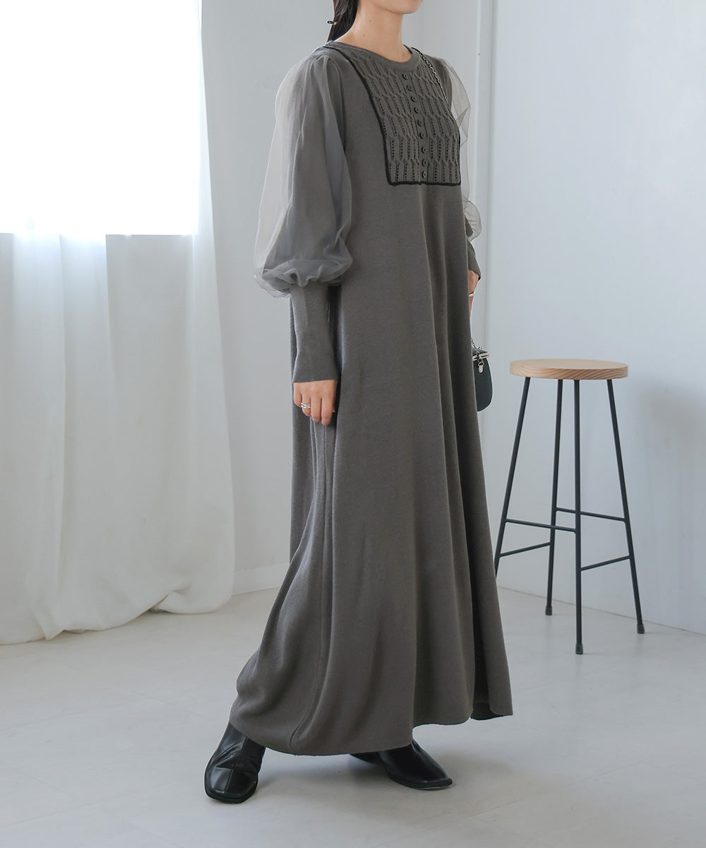 SLEEVE TULLE COLOR SCHEME LINE KNIT ONEPIECE