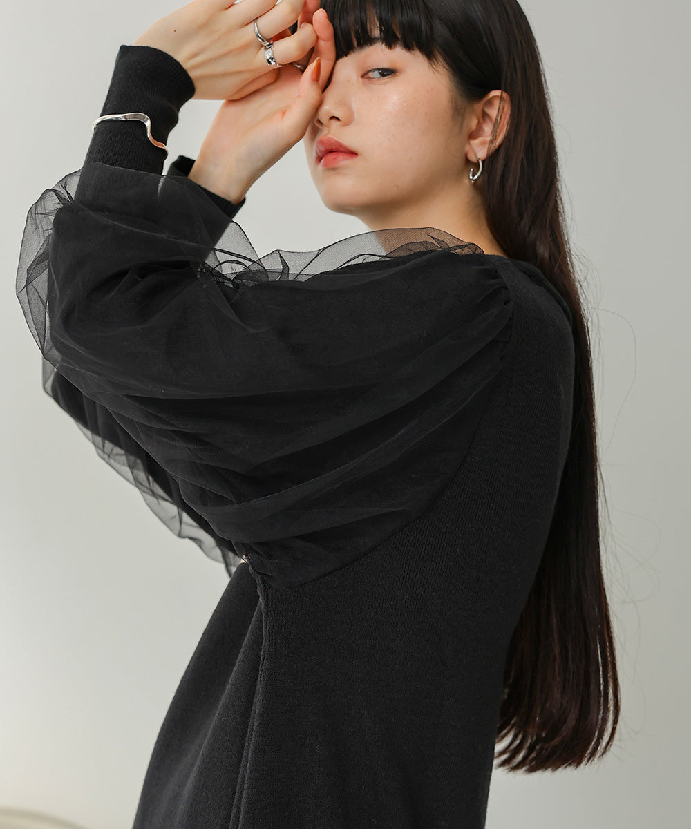 SLEEVE TULLE COLOR SCHEME LINE KNIT ONEPIECE