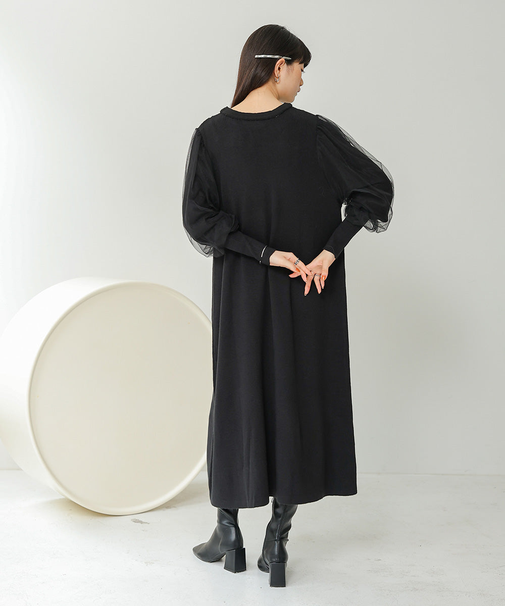SLEEVE TULLE COLOR SCHEME LINE KNIT ONEPIECE