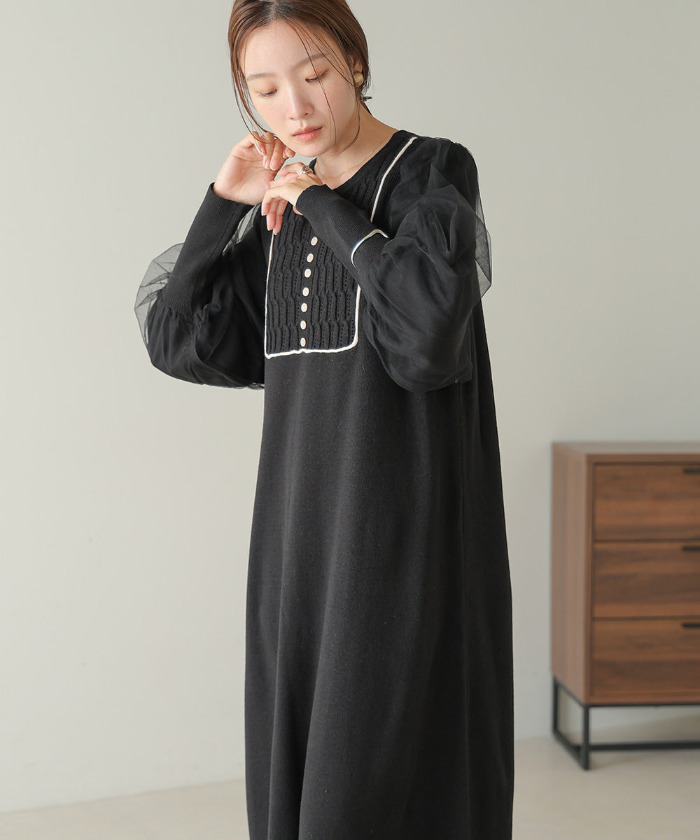 SLEEVE TULLE COLOR SCHEME LINE KNIT ONEPIECE