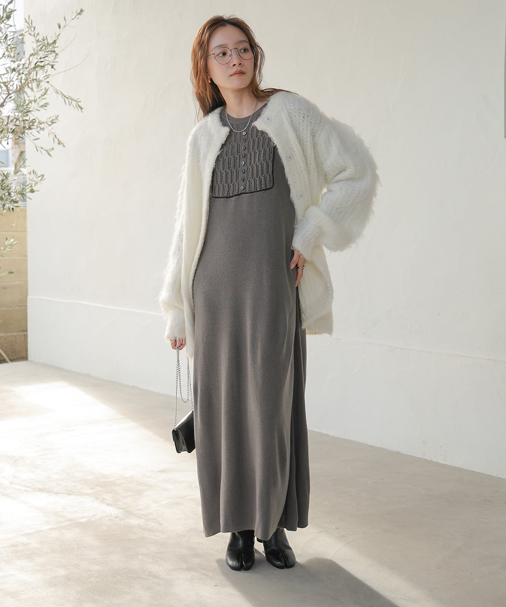 SLEEVE TULLE COLOR SCHEME LINE KNIT ONEPIECE