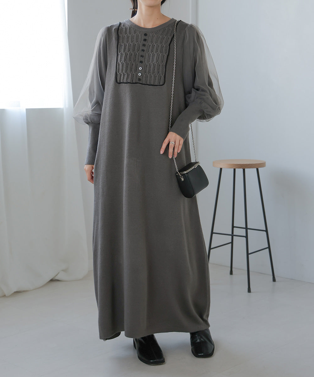 SLEEVE TULLE COLOR SCHEME LINE KNIT ONEPIECE