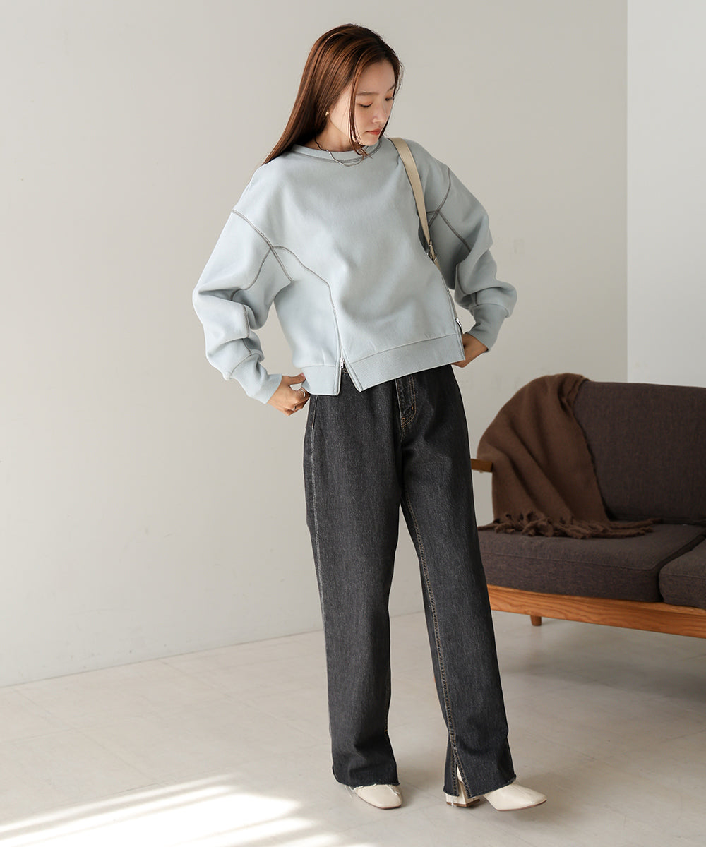 DOUBLE ZIP COLOR STITCHING BRUSHED LINING SWEAT