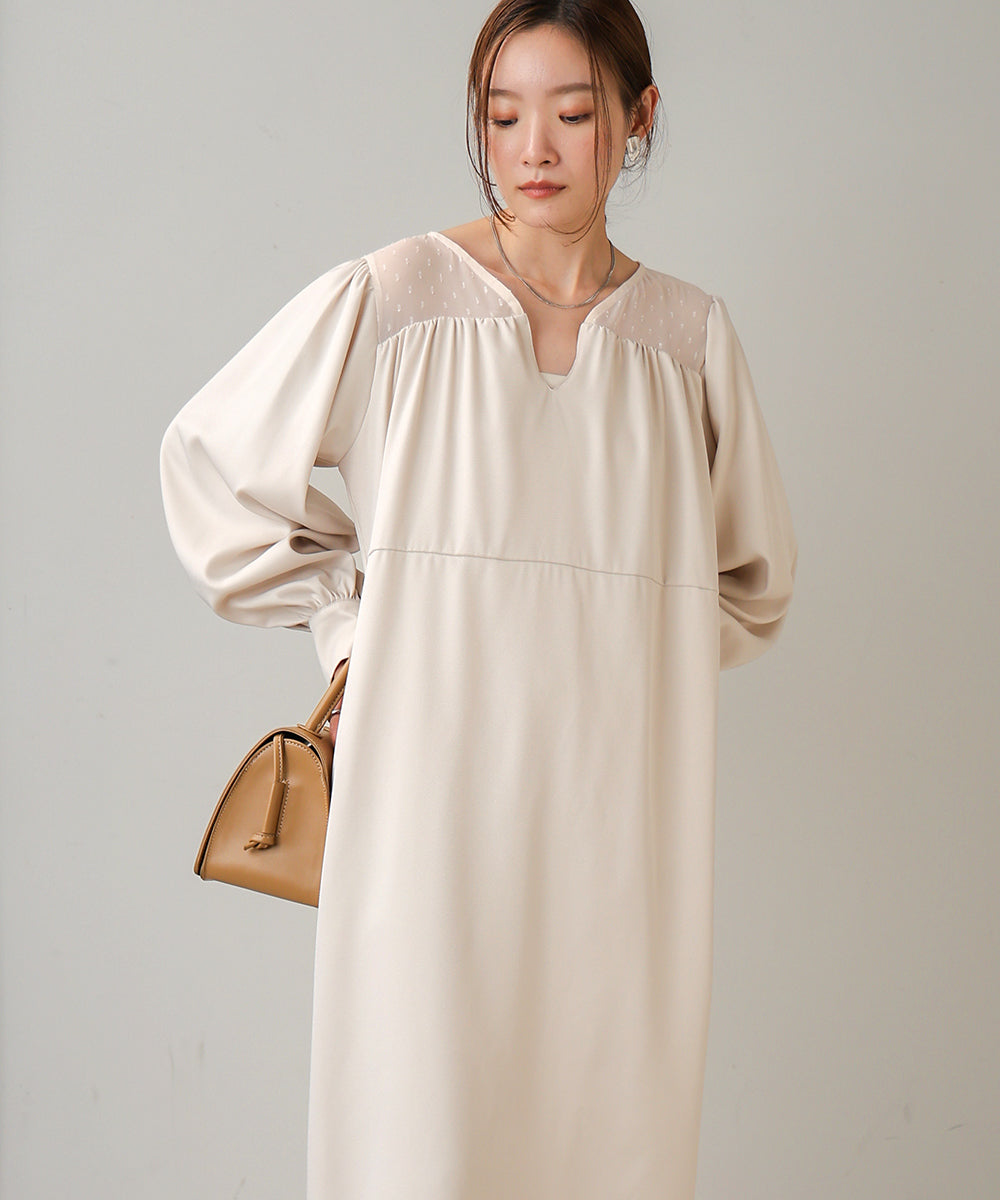 BACK RIBBON VOLUME SLEEVE ONEPIECE