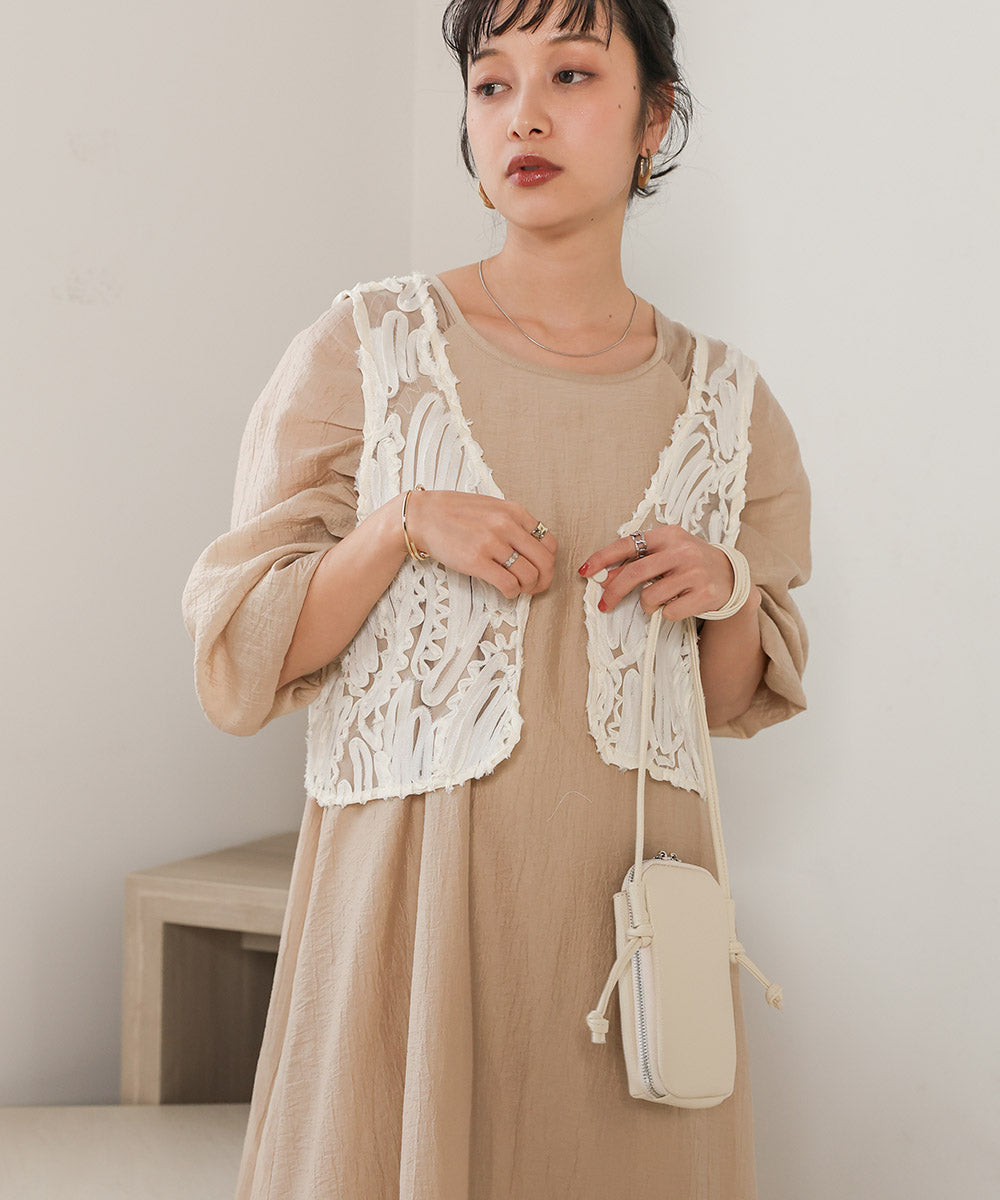 BATTEN LACE VEST + GATHERED SLEEVE DRESS SET