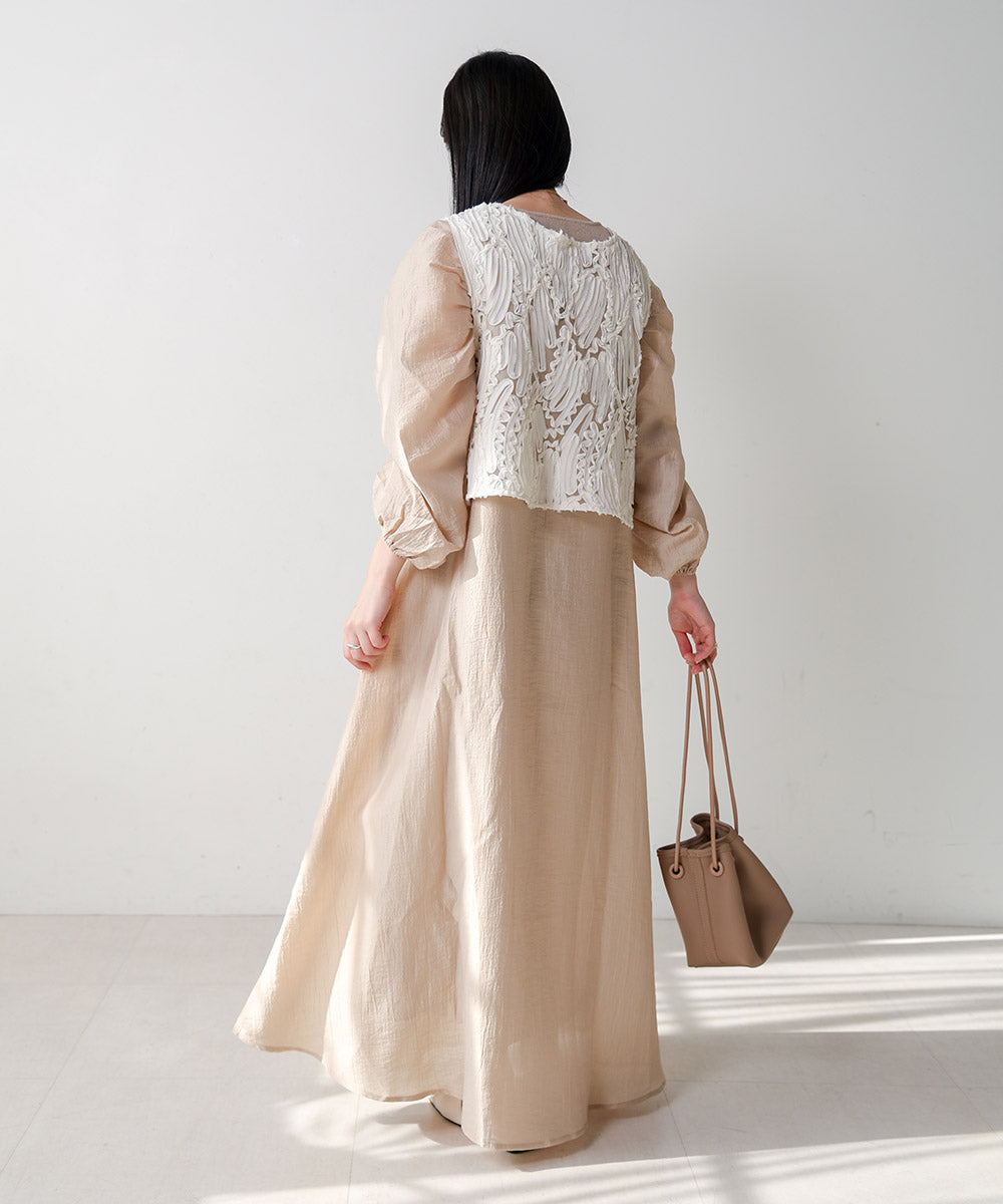 BATTEN LACE VEST + GATHERED SLEEVE DRESS SET